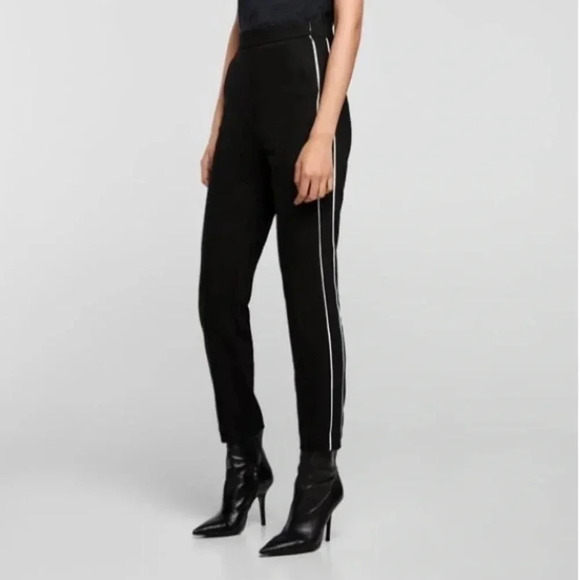 Zara Pants High Waisted Slim Side Stripe Ankle  Cropped Trousers Black Small - Picture 2 of 14